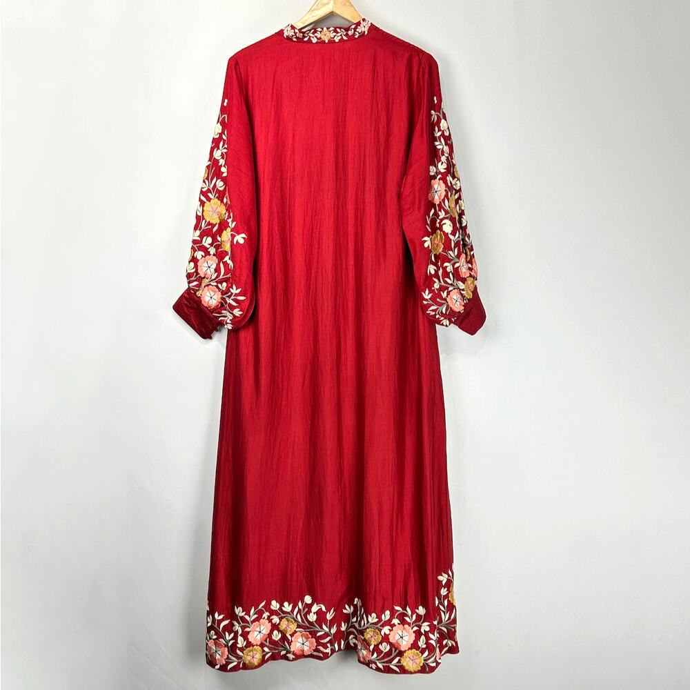 Sue Sartor Silk Moroccan Band Collar Kaftan / Maxi Dress in Cinnabar Red,  Sz L - Picture 5 of 16